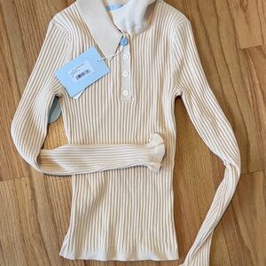 Hill House Ivory Ribbed Ruffle Knit Top NWT